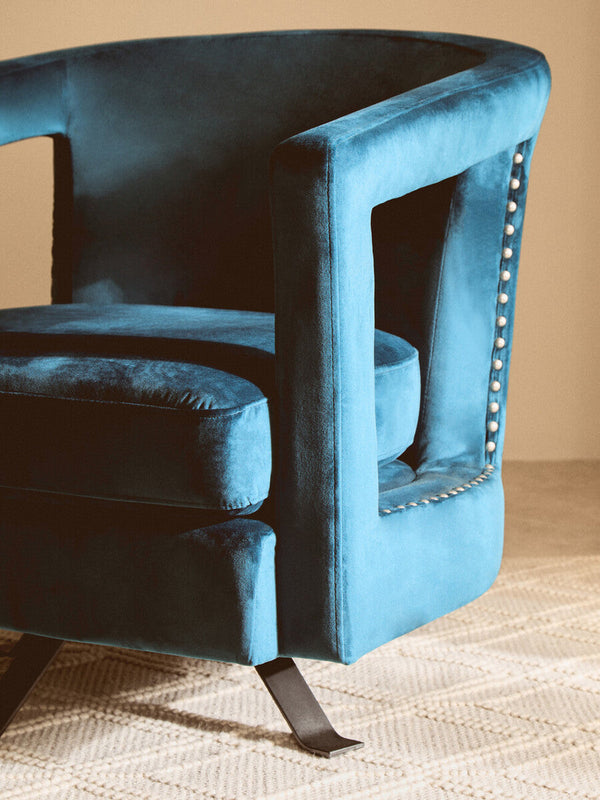 Hestia Blue Velvet Swivel Chair – angle view
