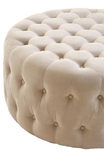 Haley Beige Velvet Large Round Tufted Footstool – in room setting