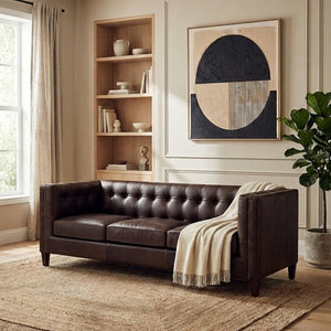 King Dark Brown Leather Button Tufted 3 Seater Modern Chesterfield Sofa – close-up