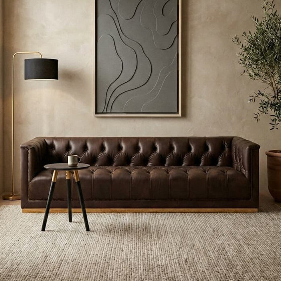 King Dark Brown Leather Button Tufted 3 Seater Modern Chesterfield Sofa with Oak Wood Base