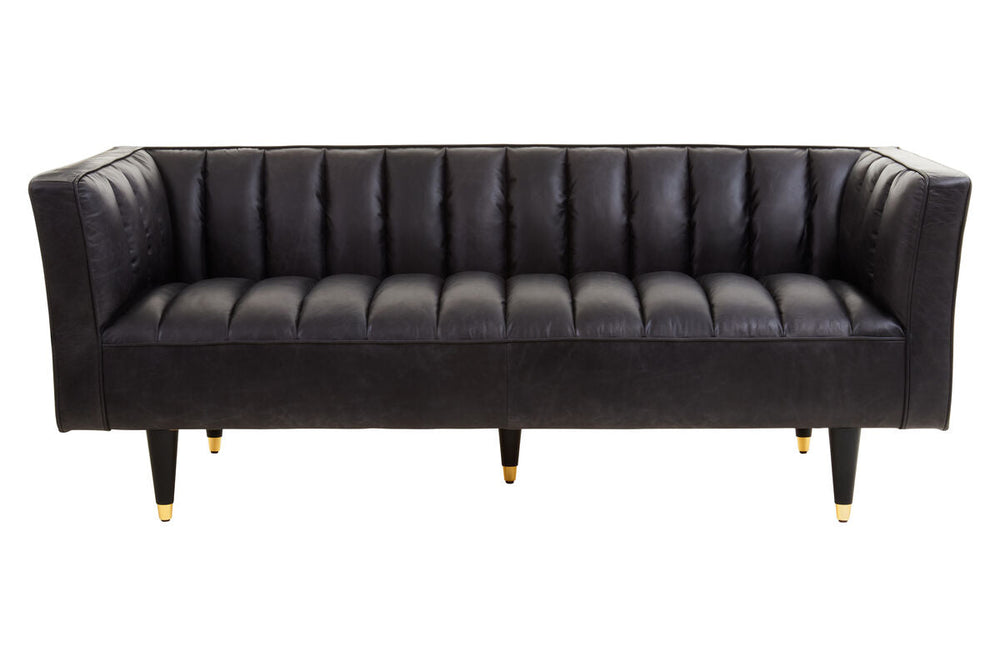 King Black Leather 3 Seater Sofa with Channel Tufting