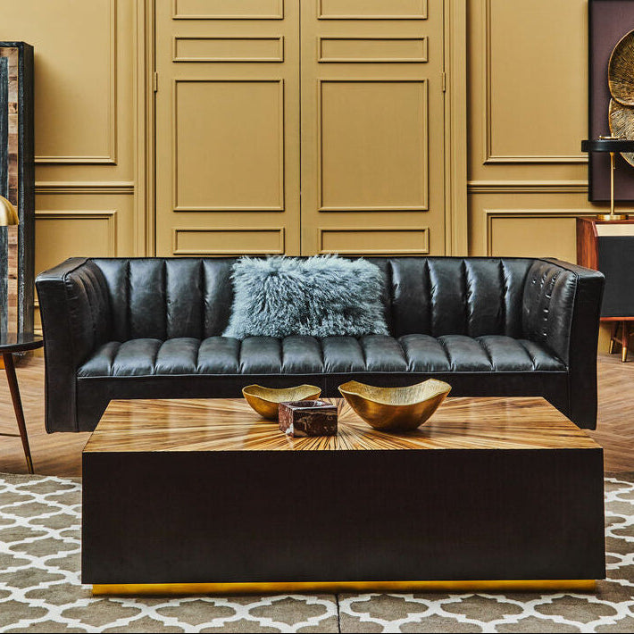 King Black Leather 3 Seater Sofa with Channel Tufting