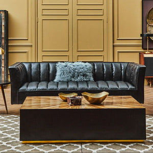 King Black Leather 3 Seater Sofa with Channel Tufting – side view