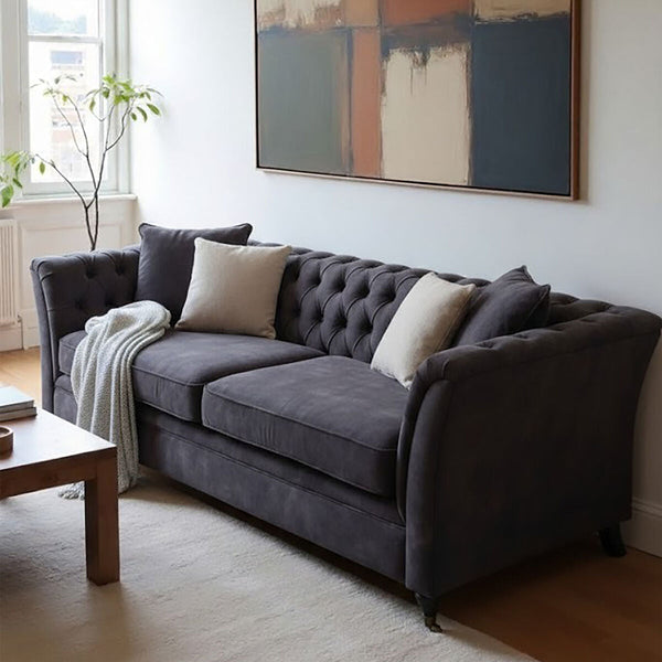 Sabrina Dark Grey Velvet Button Tufted 3 Seater Sofa – detail