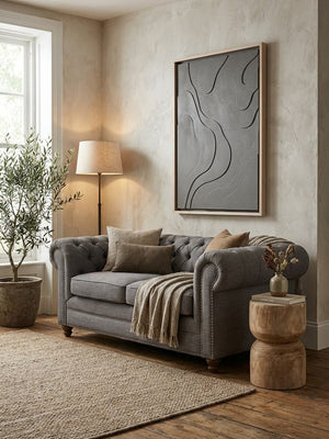 Stella Grey Linen 2 Seater Chesterfield Sofa – in room setting