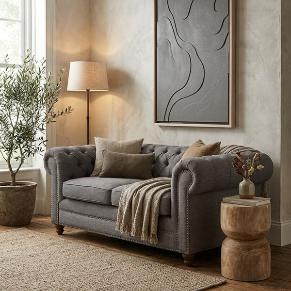 Stella Grey Linen 2 Seater Chesterfield Sofa – angle view