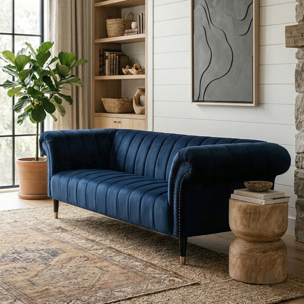 Siena Midnight Blue Velvet 3 Seater Sofa – angle view