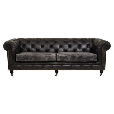 Hoxton Antique Black Leather 3 Seater Chesterfield Sofa – side view
