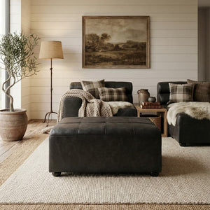 King Antique Black Leather Modular Ottoman – side view