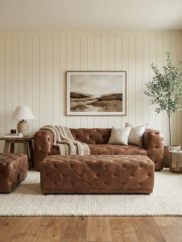 Hoxton Brown Leather Rectangular Chesterfield Ottoman – close-up