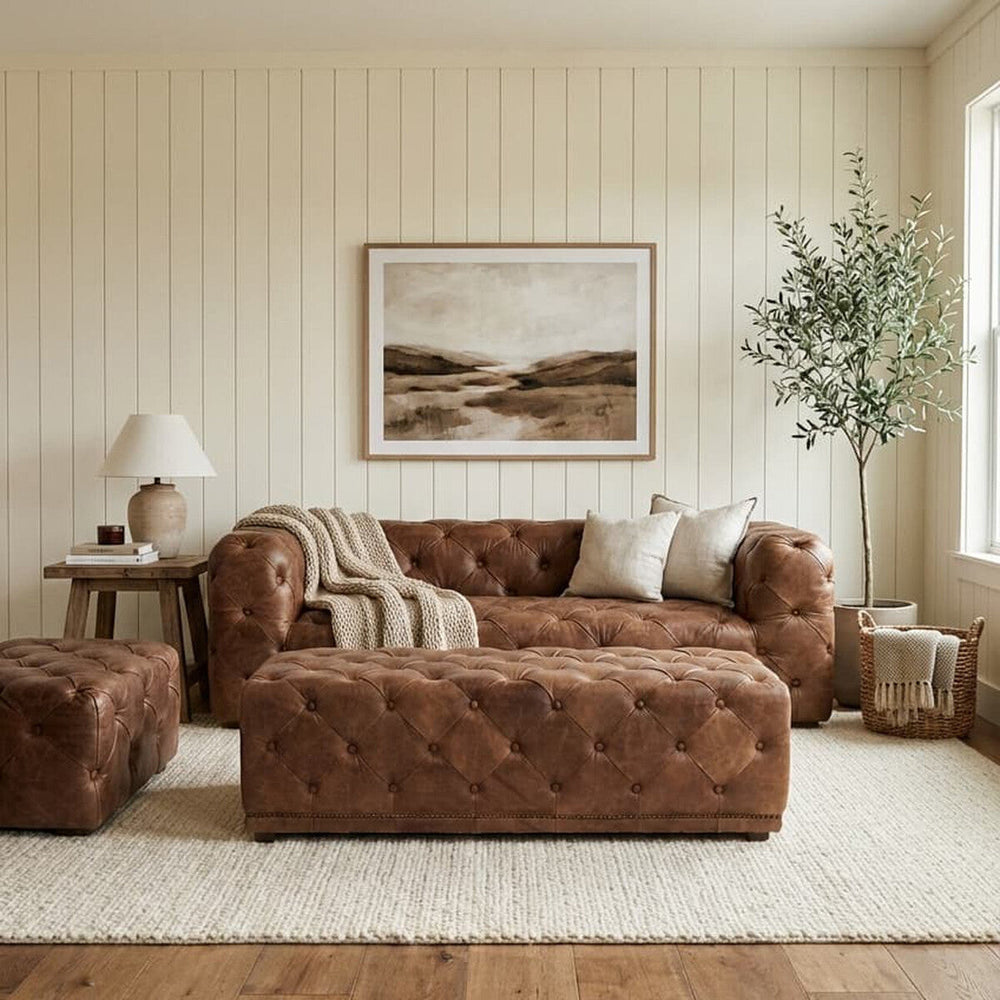 Hoxton Brown Leather Rectangular Chesterfield Ottoman