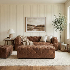Hoxton Brown Leather Rectangular Chesterfield Ottoman – side view