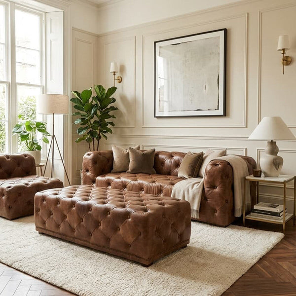 Hoxton Brown Leather Rectangular Chesterfield Ottoman – in room setting