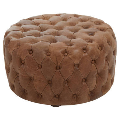 Hoxton Brown Leather Tufted Round Ottoman – side view