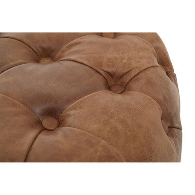 Hoxton Brown Leather Tufted Round Ottoman – detail