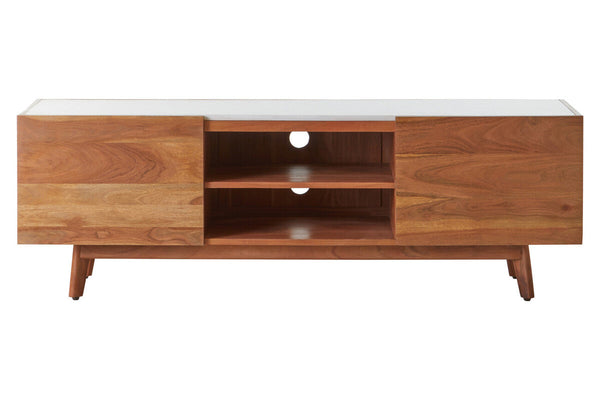 Myan Natural Acacia Wood and White Marble Media Unit – side view