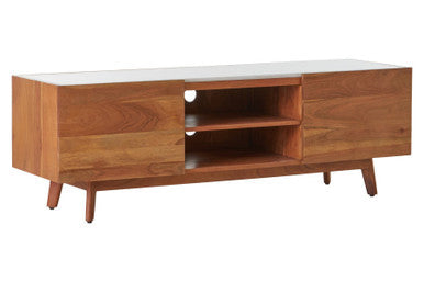 Myan Natural Acacia Wood and White Marble Media Unit – in room setting