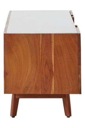 Myan Natural Acacia Wood and White Marble Media Unit – close-up