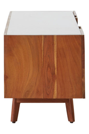 Myan Natural Acacia Wood and White Marble Media Unit – close-up