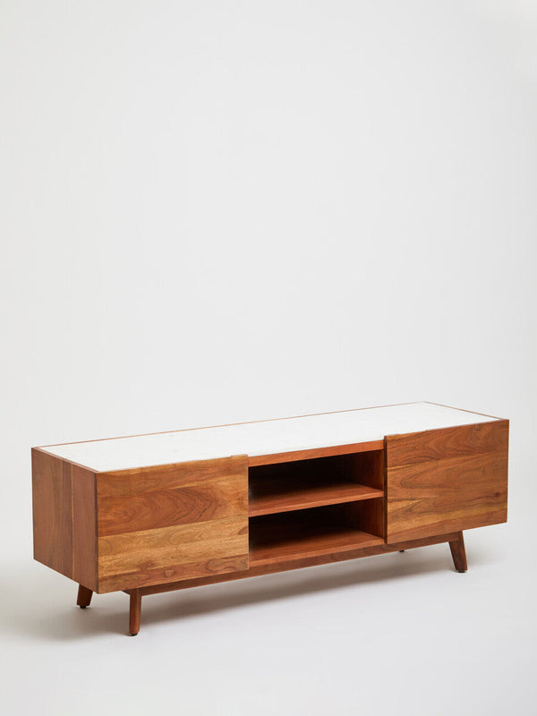 Myan Natural Acacia Wood and White Marble Media Unit – in room setting 2