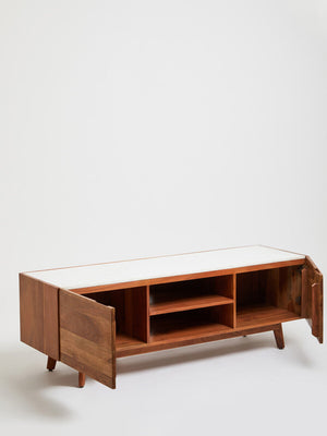 Myan Natural Acacia Wood and White Marble Media Unit – dimensions 2