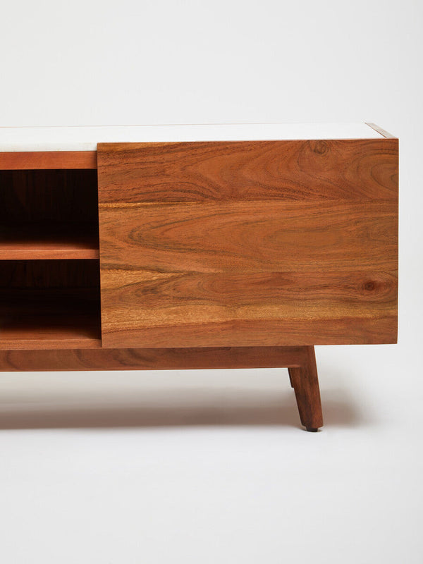 Myan Natural Acacia Wood and White Marble Media Unit – back view 2