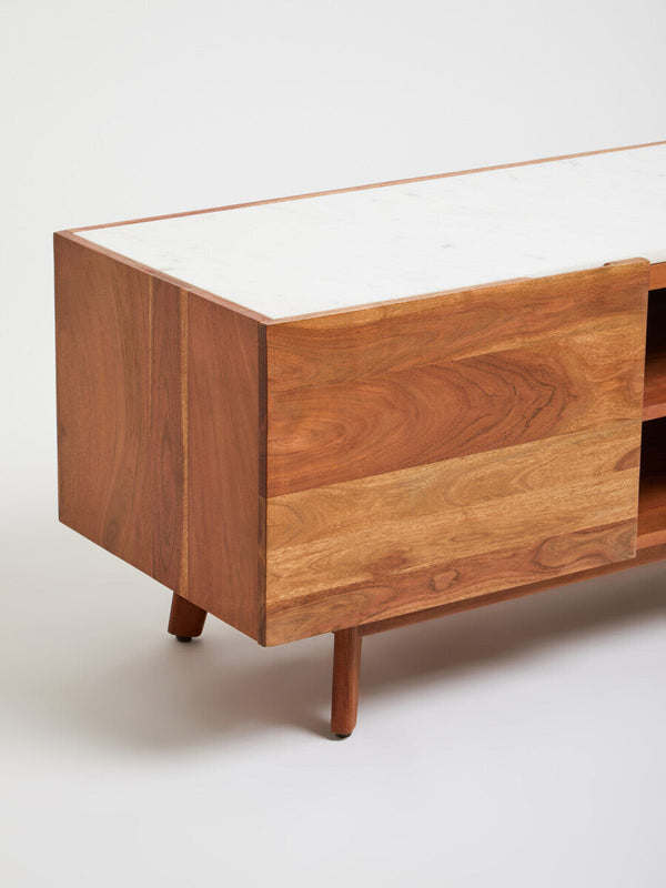 Myan Natural Acacia Wood and White Marble Media Unit – angle view 2