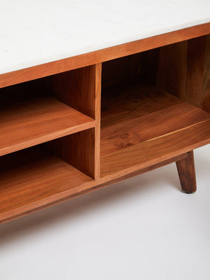 Myan Natural Acacia Wood and White Marble Media Unit – side view 3