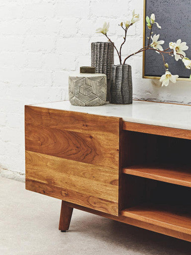 Myan Natural Acacia Wood and White Marble Media Unit – angle view