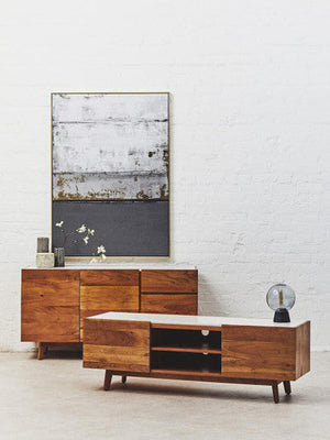 Myan Natural Acacia Wood and White Marble Media Unit – detail