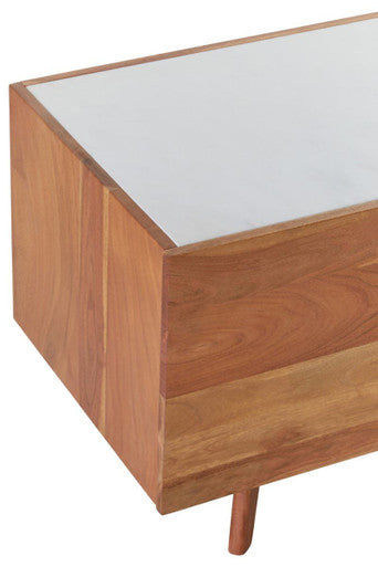Myan Natural Acacia Wood and White Marble Media Unit – close-up 2
