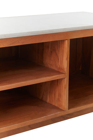 Myan Natural Acacia Wood and White Marble Media Unit – in room setting 3