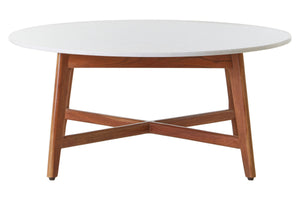 Myan Natural Acacia Wood and White Marble Round Coffee Table – in room setting