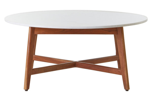 Myan Natural Acacia Wood and White Marble Round Coffee Table – in room setting