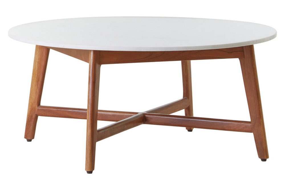 Myan Natural Acacia Wood and White Marble Round Coffee Table