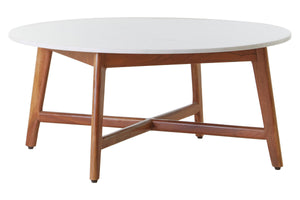 Myan Natural Acacia Wood and White Marble Round Coffee Table – side view