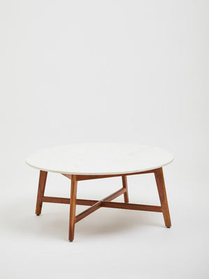 Myan Natural Acacia Wood and White Marble Round Coffee Table – dimensions