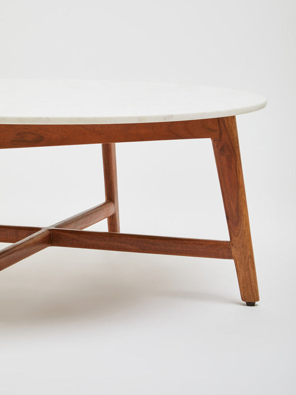 Myan Natural Acacia Wood and White Marble Round Coffee Table – in room setting 3