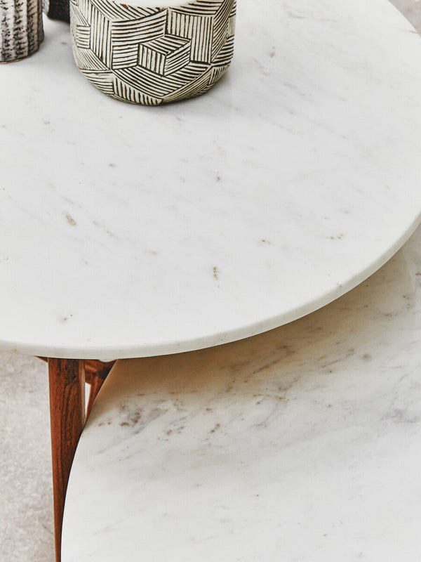 Myan Natural Acacia Wood and White Marble Round Coffee Table – back view 3