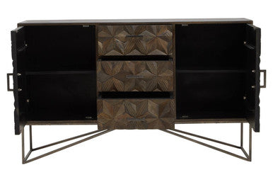 Solana Grey Wash Carved Mango Wood 2 Door and 3 Drawer Sideboard – in room setting