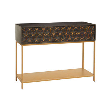 Patna Grey Finish Mango Wood Console Table with Drawers – in room setting