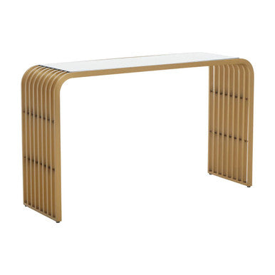 Vogue Clear Glass Console Table with Slatted Matt Gold Frame – in room setting