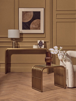 Vogue Clear Glass Console Table with Slatted Matt Gold Frame – dimensions