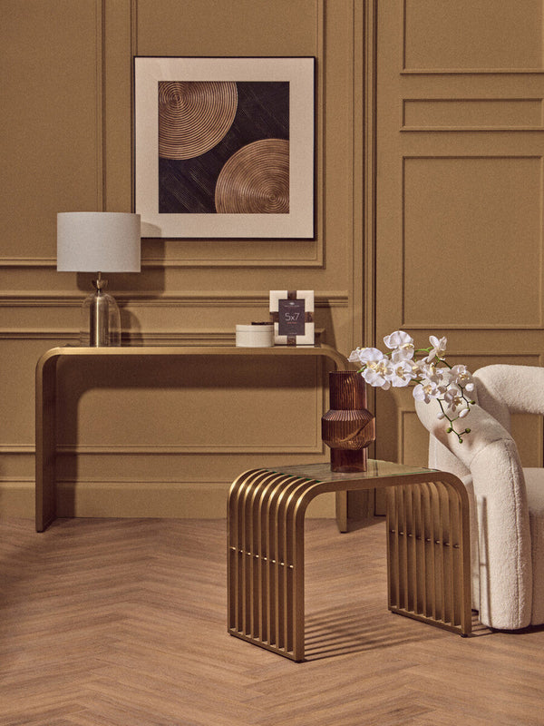 Vogue Clear Glass Console Table with Slatted Matt Gold Frame – dimensions