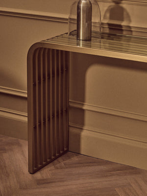 Vogue Clear Glass Console Table with Slatted Matt Gold Frame – dimensions 2