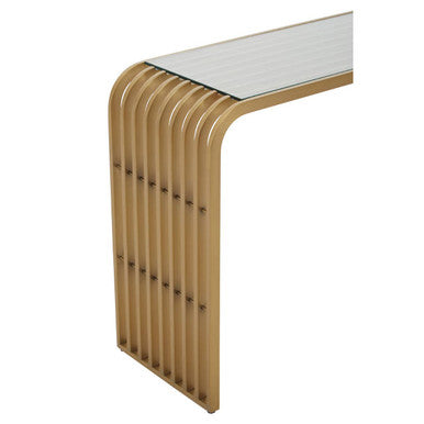 Vogue Clear Glass Console Table with Slatted Matt Gold Frame – angle view