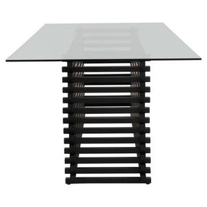 Vogue Clear Glass Dining Table with Slatted Matt Black Base – in room setting