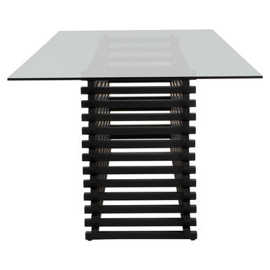 Vogue Clear Glass Dining Table with Slatted Matt Black Base – in room setting