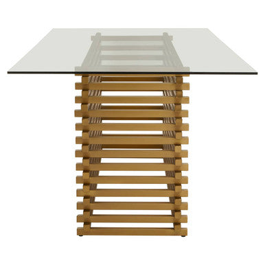 Rectangular Glass Top Dining Table with Matte Gold Stainless Steel Base | Vogue – in room setting