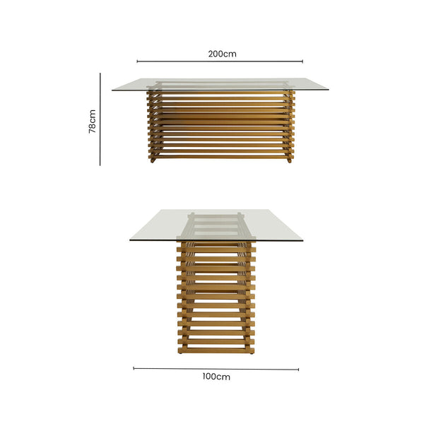 Rectangular Glass Top Dining Table with Matte Gold Stainless Steel Base | Vogue – side view 2